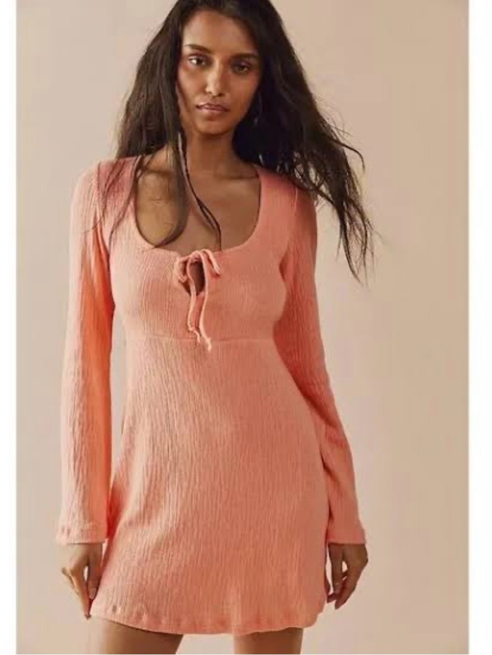 NWOT Free People Beach Brynne Tie-Front Long-Sleeve Mini Dress in Peach
